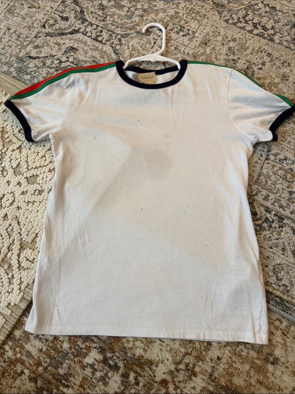 Gucci White Kids Tee with Red & Green Shoulder Stripes